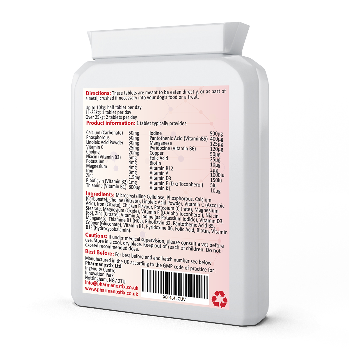 Rückseite der PetVit-Dose mit englischen Angaben zu Dosierung, Inhaltsstoffen und Anwendung.