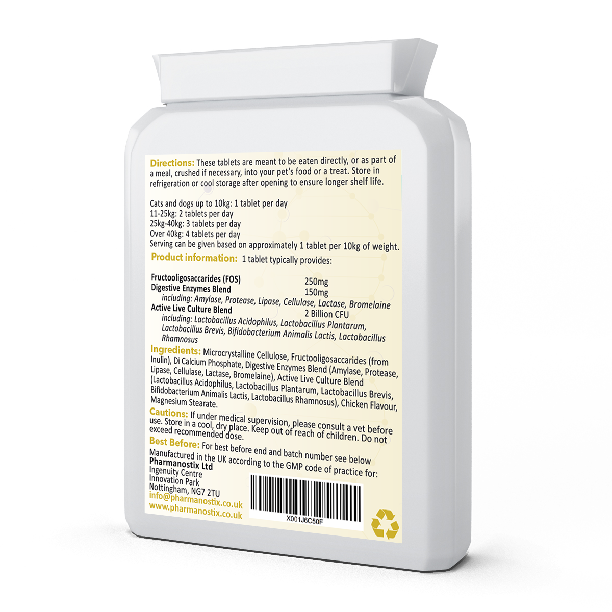 Rückseite der Pet-Flora-Dose mit englischen Angaben zu Dosierung, Inhaltsstoffen, Lagerung und Anwendungshinweisen.
