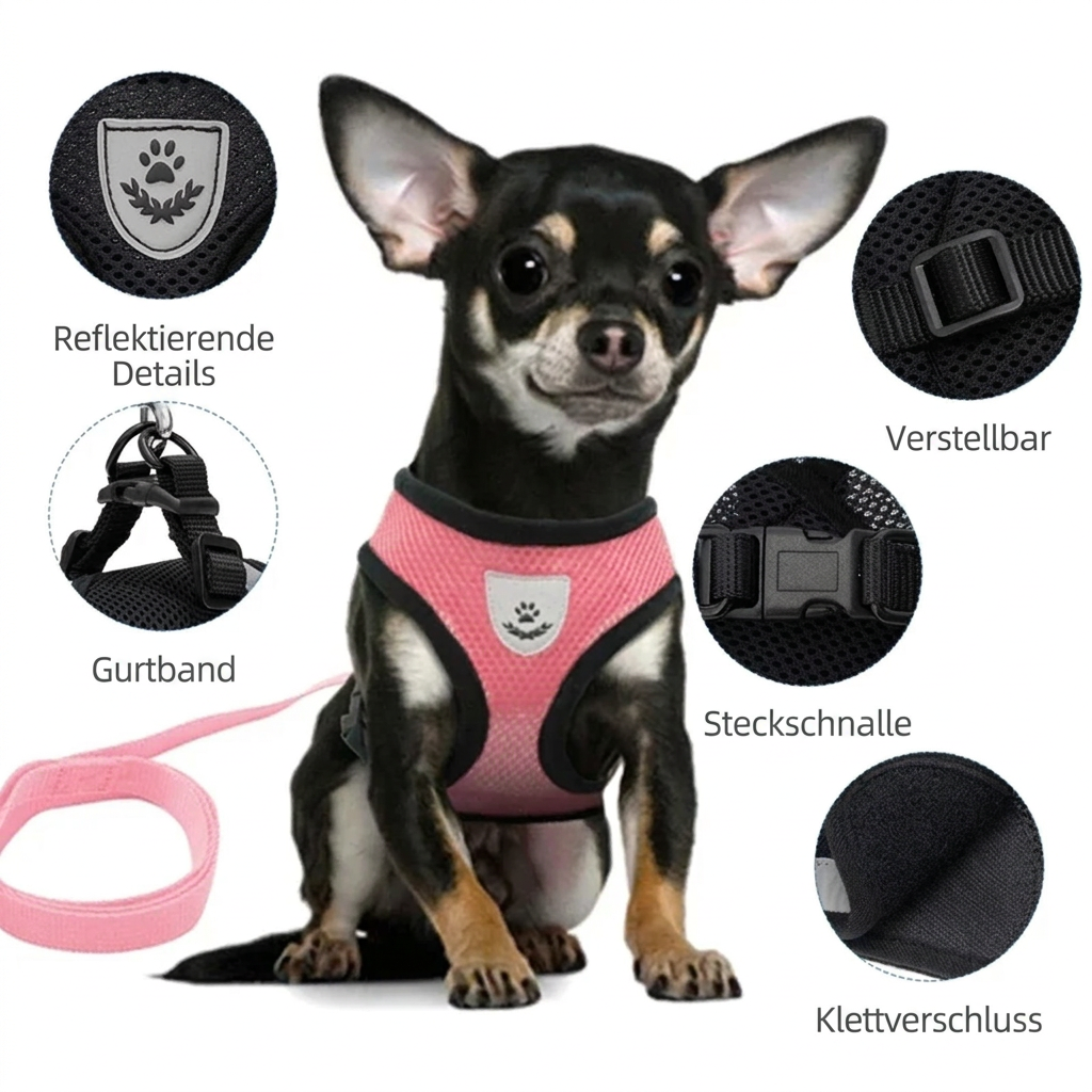 Kleiner Hund mit rosafarbenem Mesh-Geschirr und Detailansichten von Riemen und Verschlüssen.