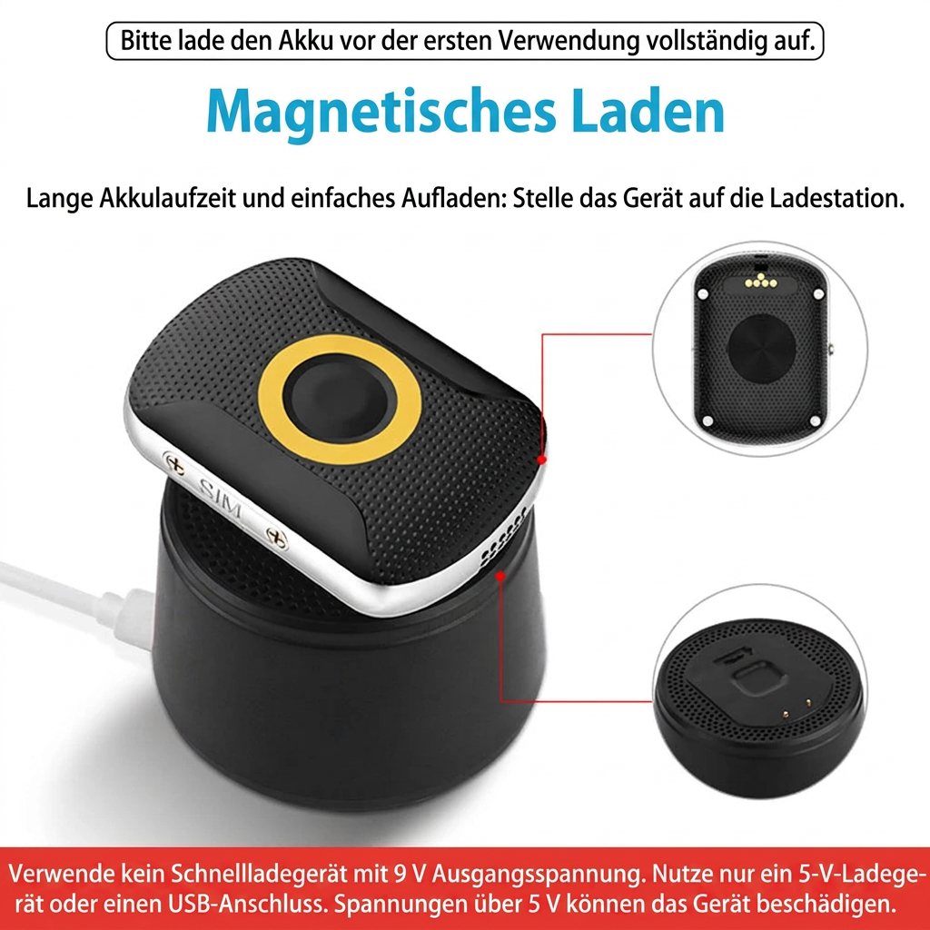 Schwarzer GPS-Tracker auf einer Ladestation mit Detailansichten der Ladekontakte