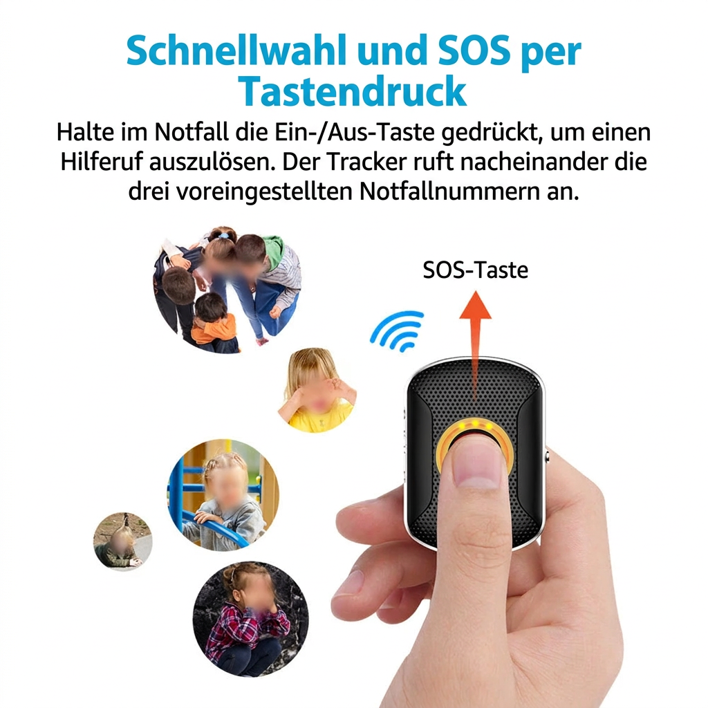 Hand drückt die markierte SOS-Taste eines schwarzen GPS-Trackers mit gelbem Ring