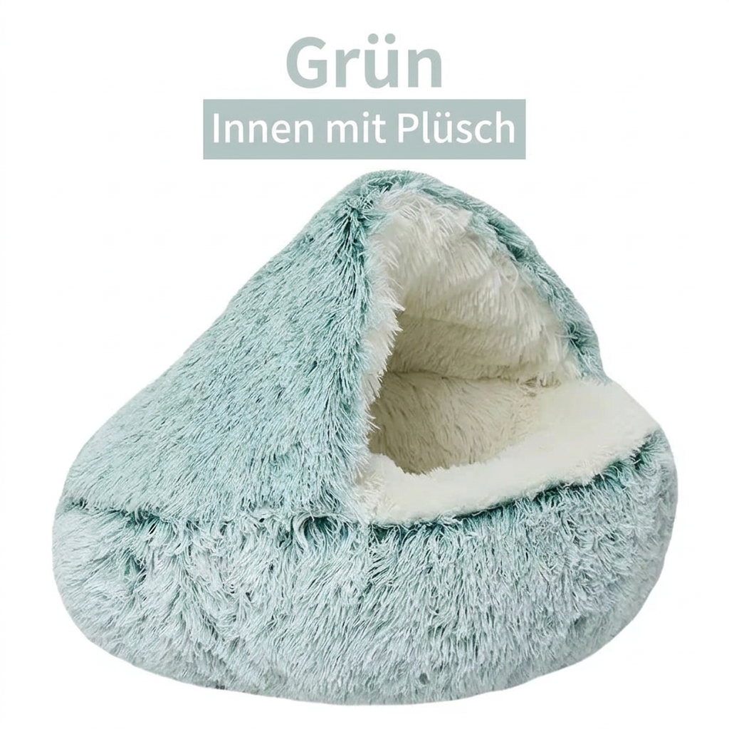 Grüne Plüsch-Katzenhöhle mit flauschigem, cremefarbenem Innenbereich.