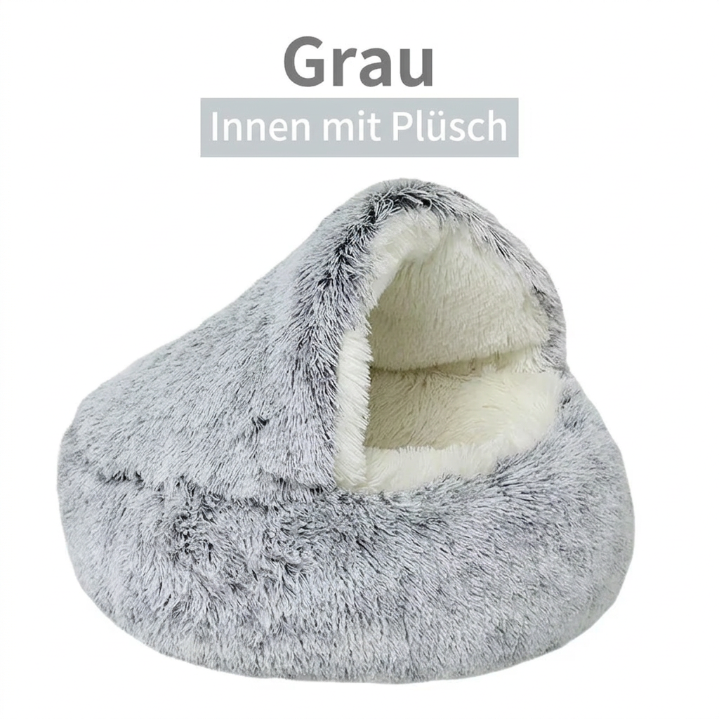 Graue Plüsch-Katzenhöhle mit flauschigem Innenbereich und rundem Liegerand.