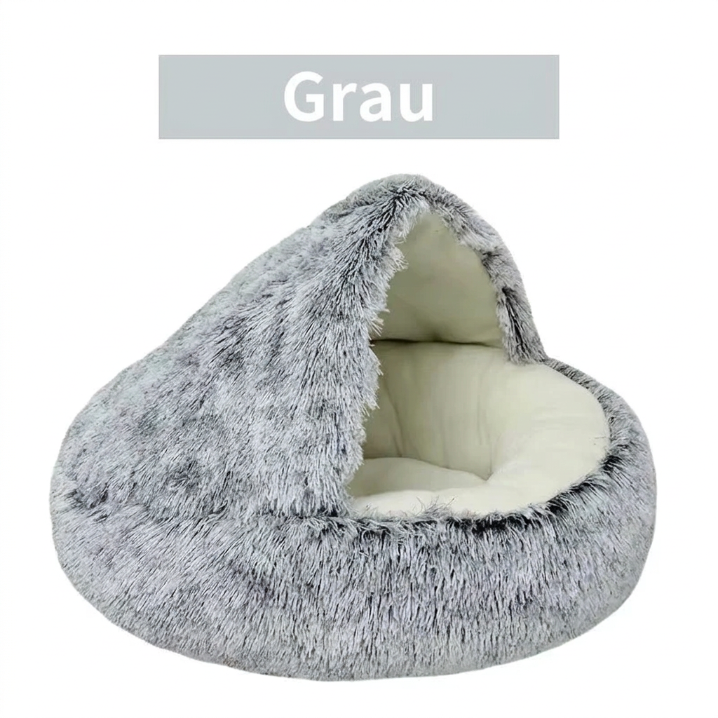 Graues Katzenbett mit überdachter Liegefläche und cremefarbener Polsterung.