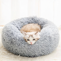 Helle Katze liegt eingekuschelt in einem hellgrauen Plüsch-Katzenbett mit hohem Rand
