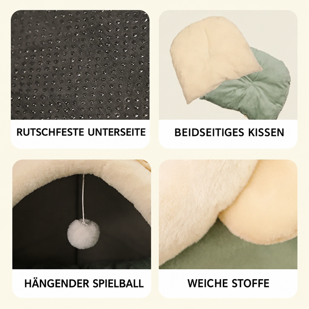 Detailcollage der Katzenhöhle mit genoppter Unterseite, beidseitigem Kissen, hängendem Spielball und weichen Stoffen