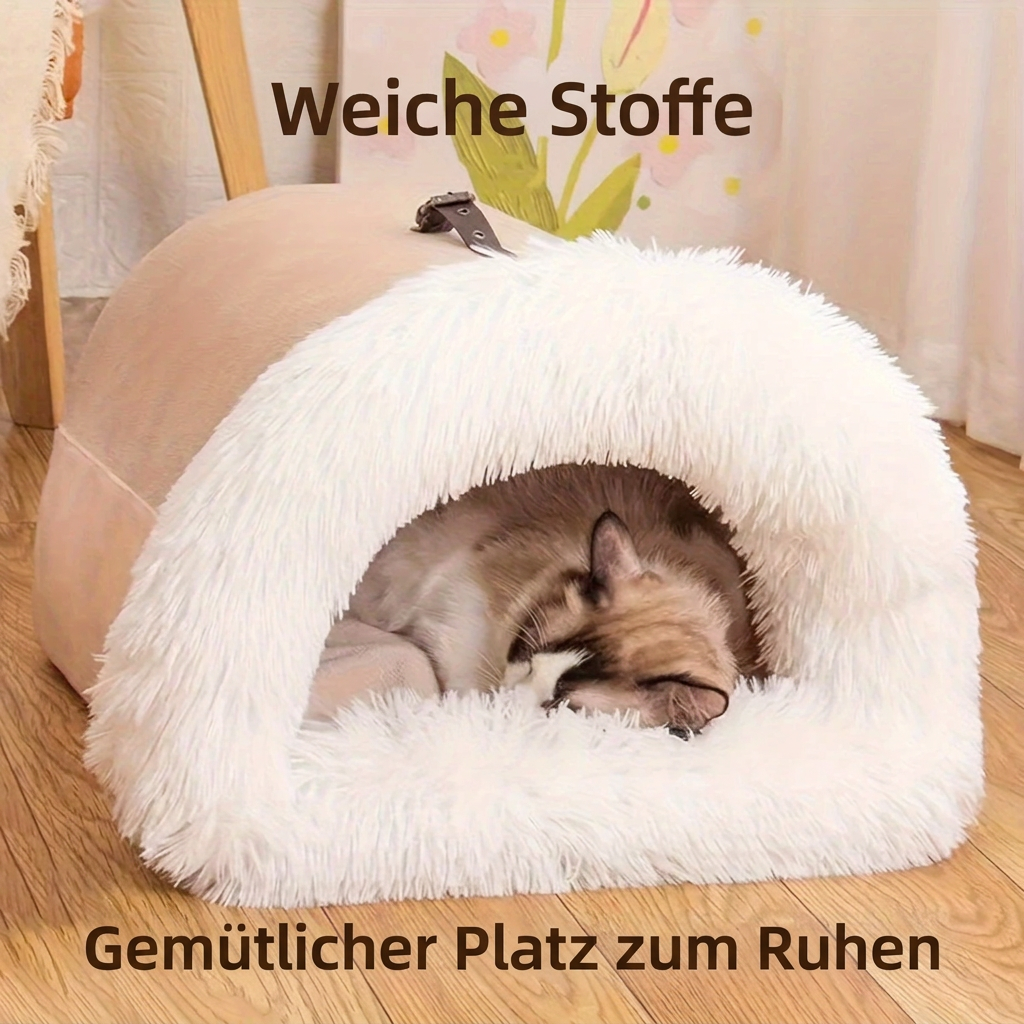 Schlafende Katze in der Plüschhöhle mit den Schriftzügen «Weiche Stoffe» und «Gemütlicher Platz zum Ruhen» 