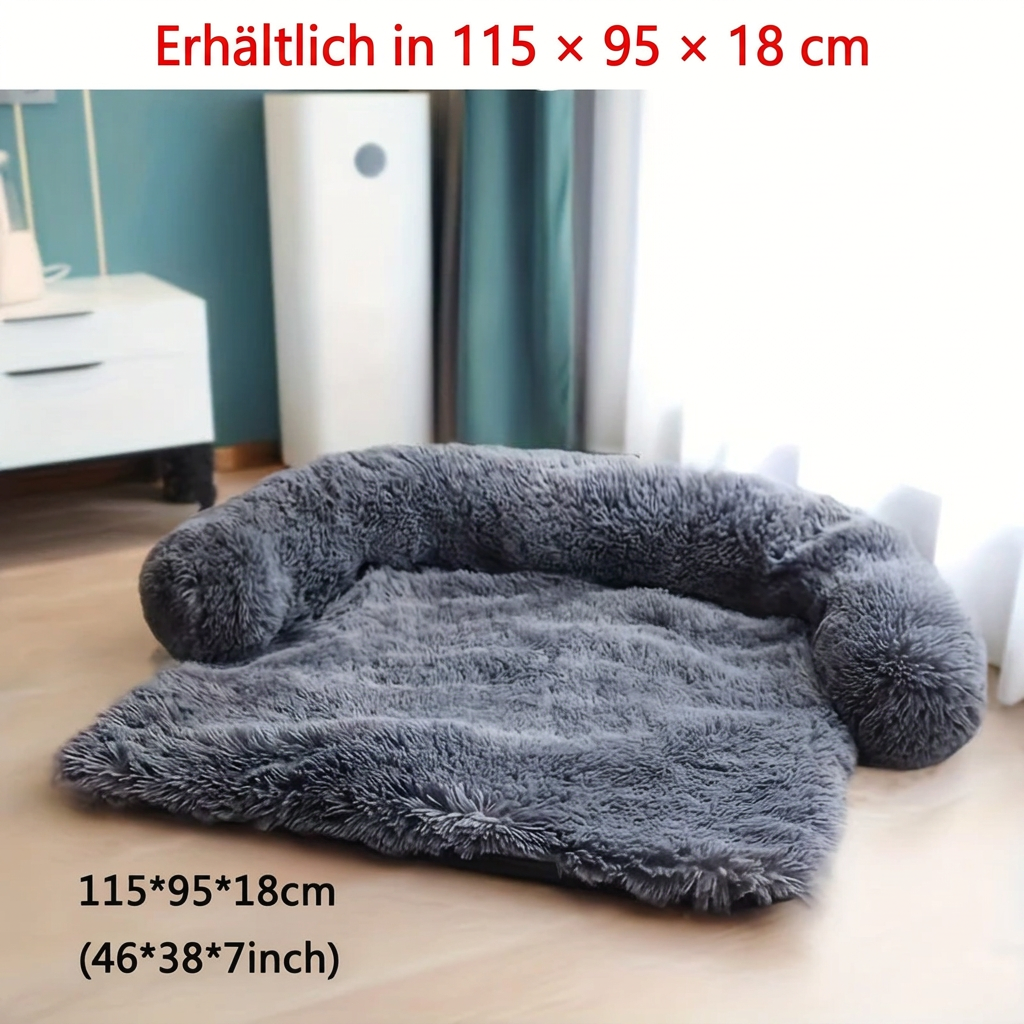 Haustiersofa mit dem Schriftzug «Erhältlich in 115 × 95 × 18 cm»
