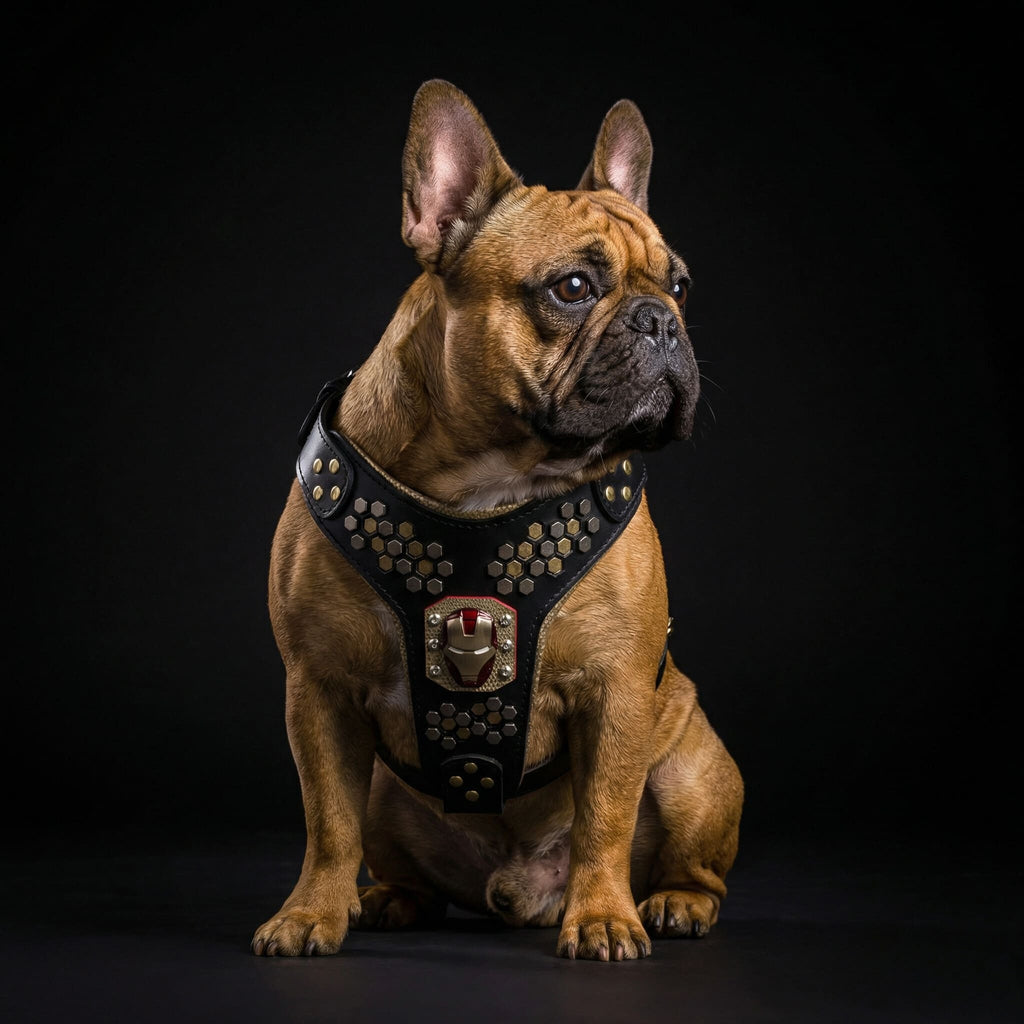 Hellbraune Französische Bulldogge trägt ein schwarzes Irondog-Geschirr mit sechseckigen Zierelementen und rot-goldenem Helm-Motiv vor schwarzem Hintergrund