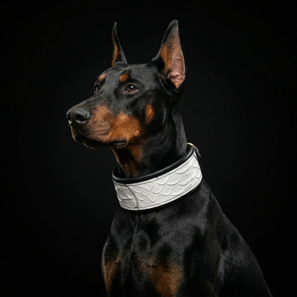 Dobermann trägt ein weisses Dragon-Scale-Halsband mit Schuppenprägung vor schwarzem Hintergrund