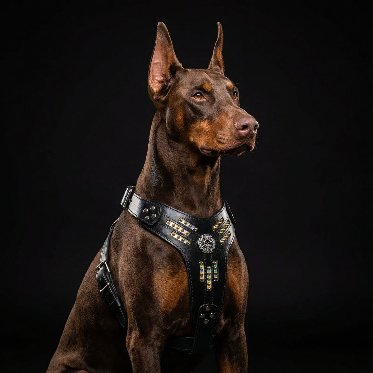 Brauner Hund trägt das schwarze BESTIA Atlantis Ledergeschirr mit schimmernden Chamäleon-Details und goldfarbenen Nieten.