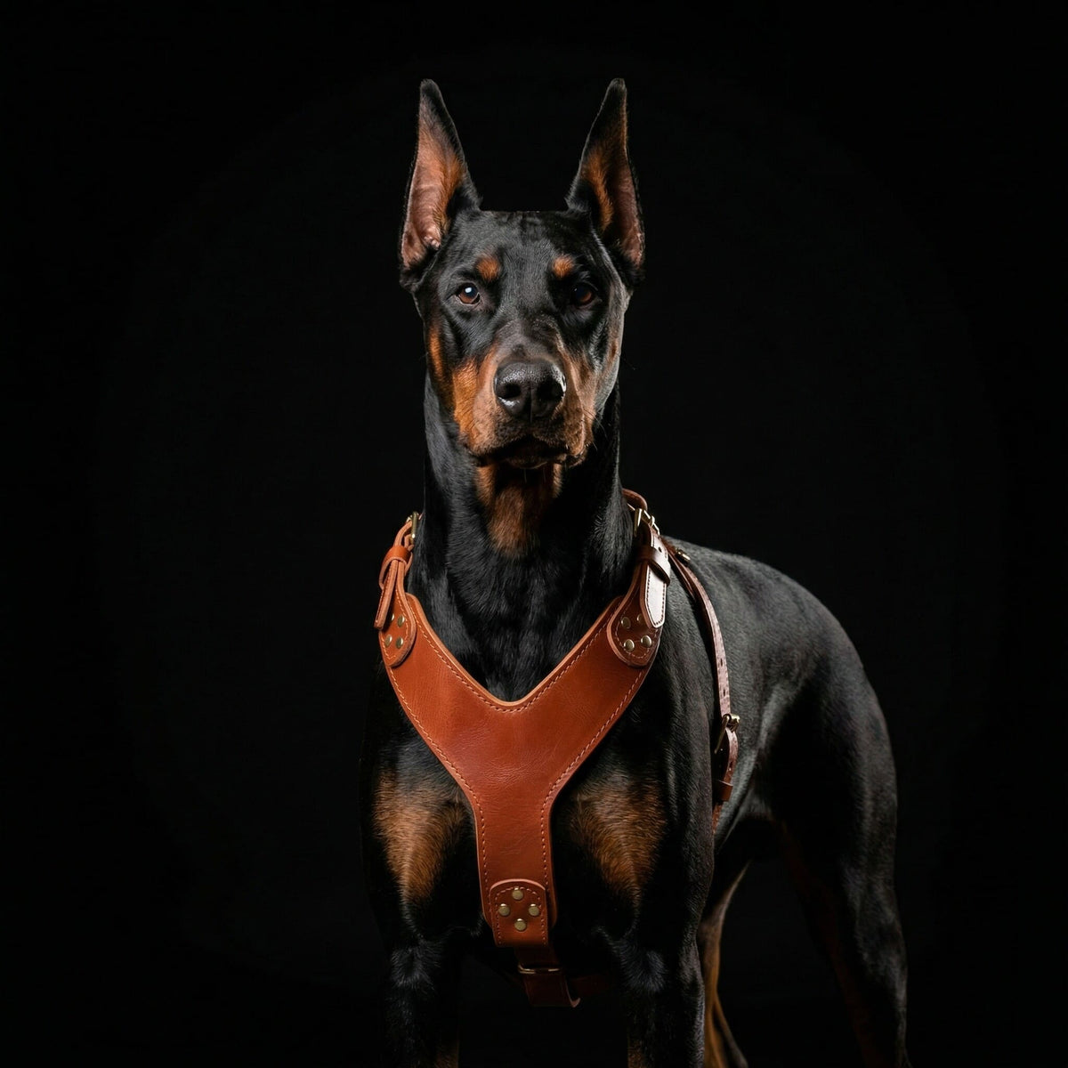 Schwarz-brauner Dobermann trägt ein braunes Style-Ledergeschirr und steht vor schwarzem Hintergrund