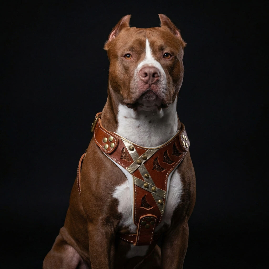 Braun-weisser Hund trägt ein braunes Hermes-Geschirr mit hellen Zierstreifen vor schwarzem Hintergrund