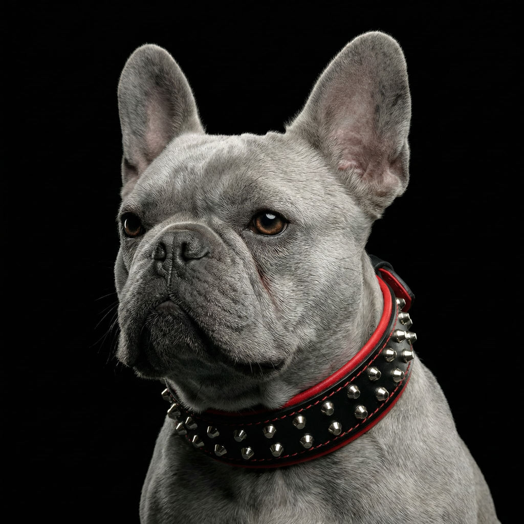 Graue Französische Bulldogge trägt ein schwarzes Rocky-Halsband mit silberfarbenen Nieten und roter Polsterung vor schwarzem Hintergrund
