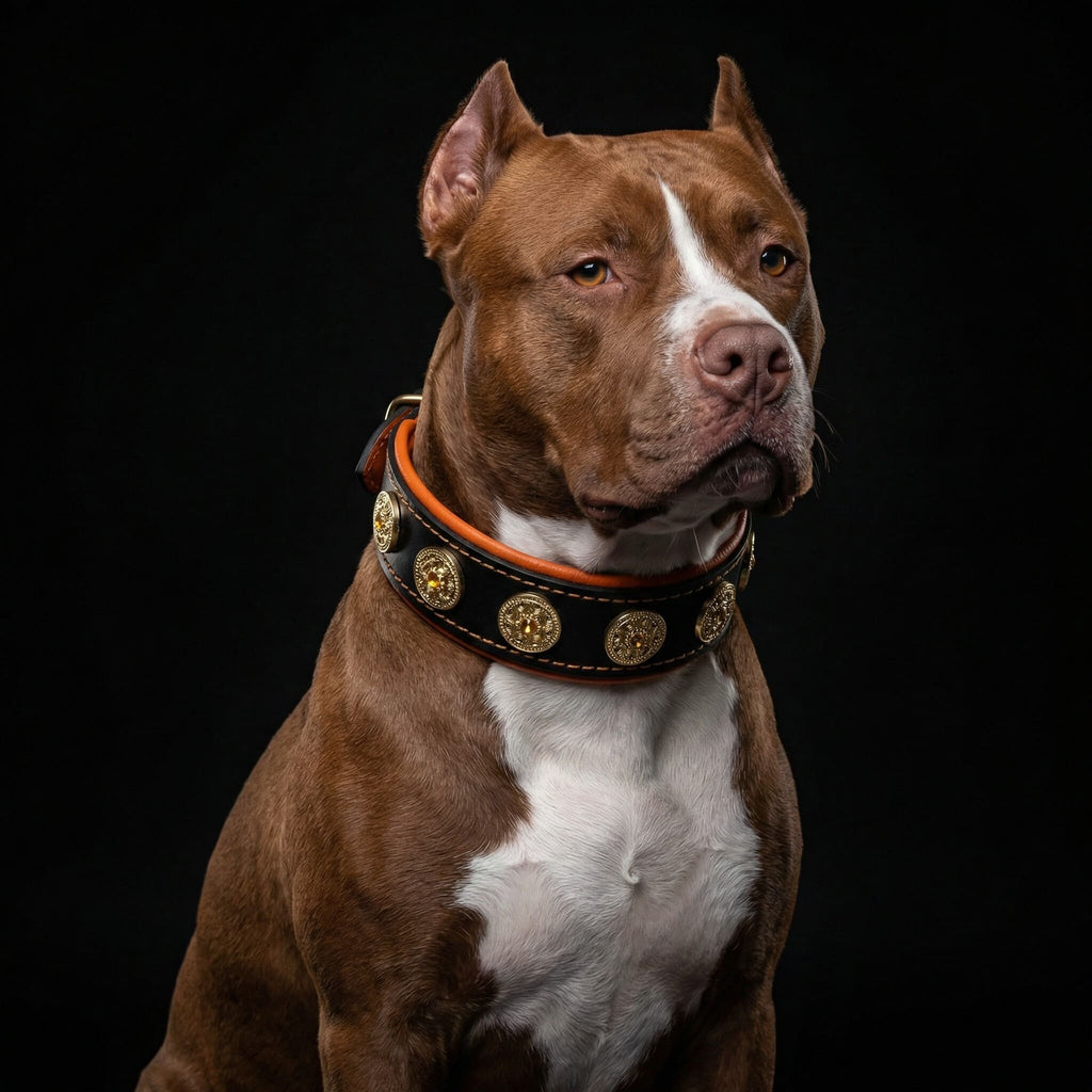 Braun-weisser Hund mit BESTIA Bijou Lederhalsband, orangefarbener Polsterung und goldfarbenen Strassverzierungen.