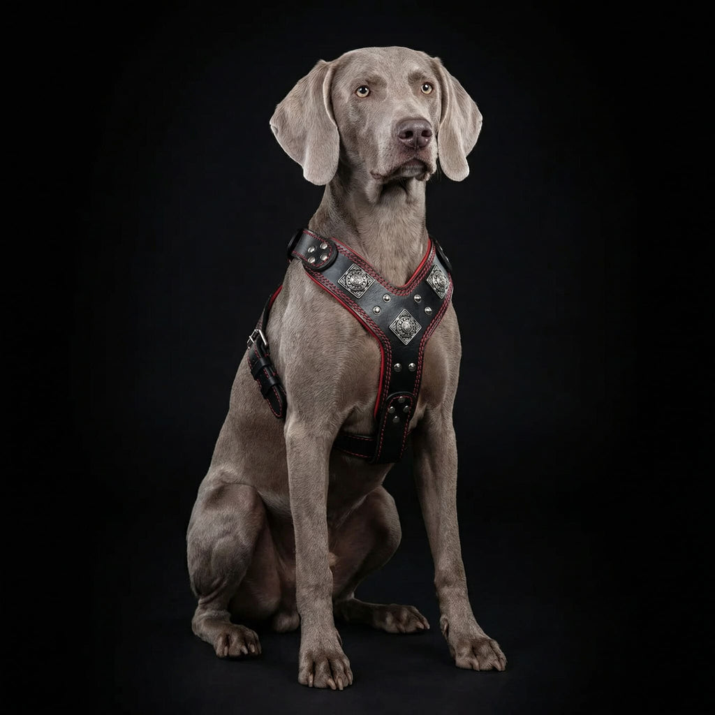 Grauer Weimaraner sitzt mit einem schwarzen Eros-Geschirr mit roten Details vor schwarzem Hintergrund