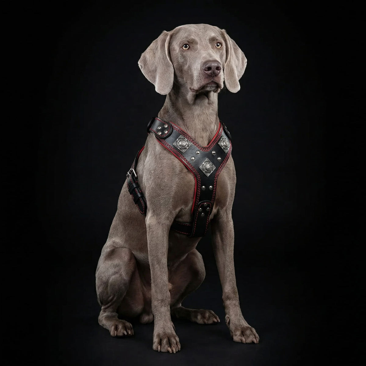 Grauer Weimaraner sitzt mit einem schwarzen Eros-Geschirr mit roten Details vor schwarzem Hintergrund