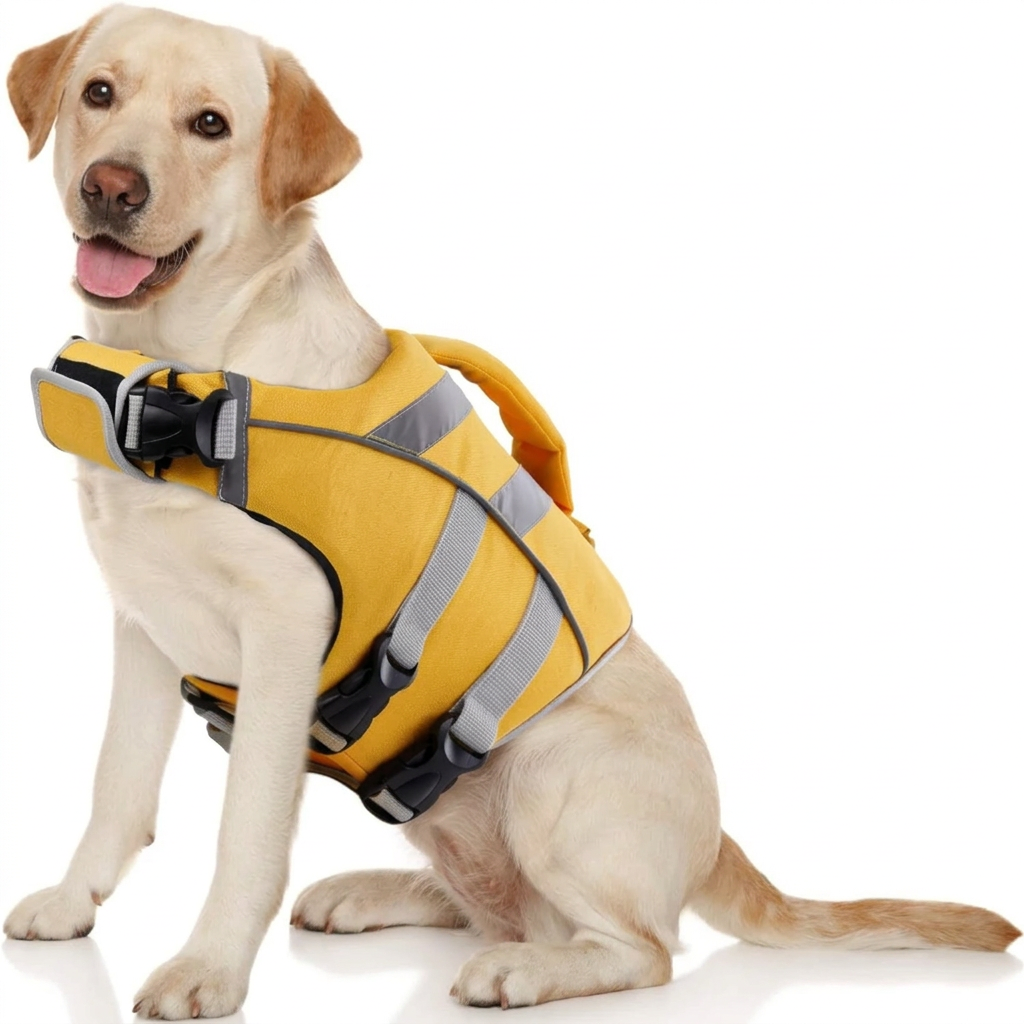 Sitzender Labrador mit orangefarbener Sicherheits- und Schwimmweste, verstellbaren Gurten und Haltegriff vor weissem Hintergrund.