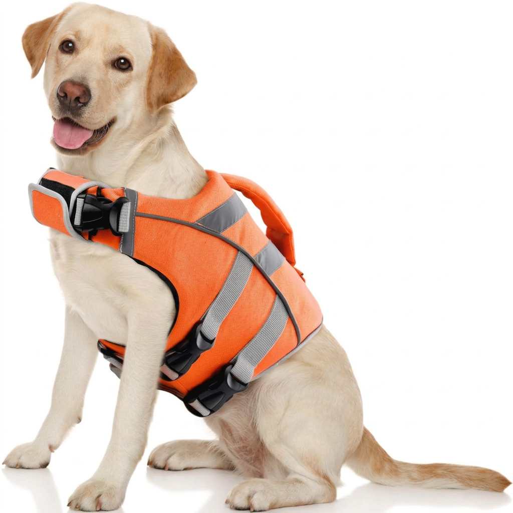 Sitzender Labrador mit gelber Sicherheits- und Schwimmweste, verstellbaren Gurten und Haltegriff vor weissem Hintergrund