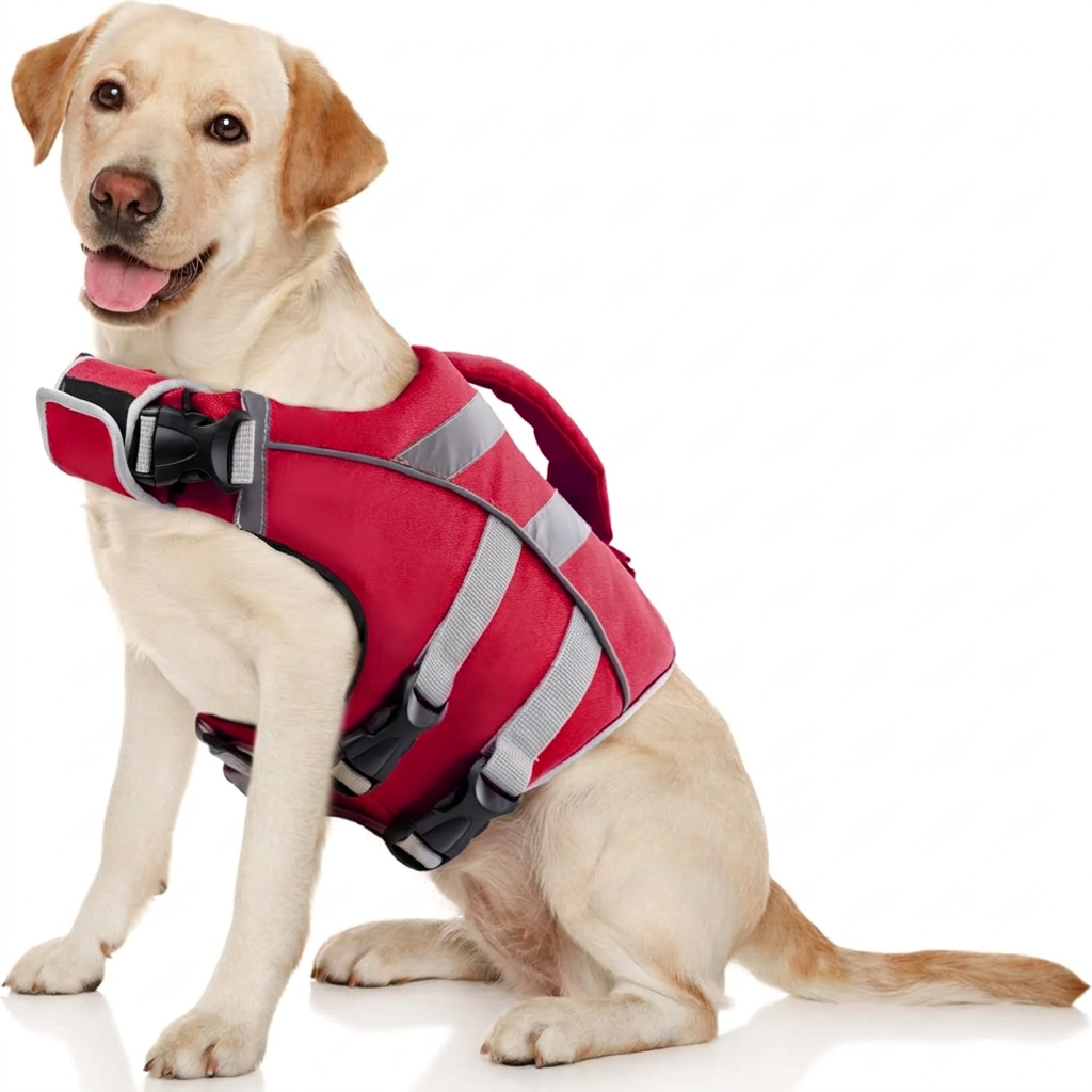 Sitzender Labrador mit roter Sicherheits- und Schwimmweste, verstellbaren Gurten und Haltegriff vor weissem Hintergrund.