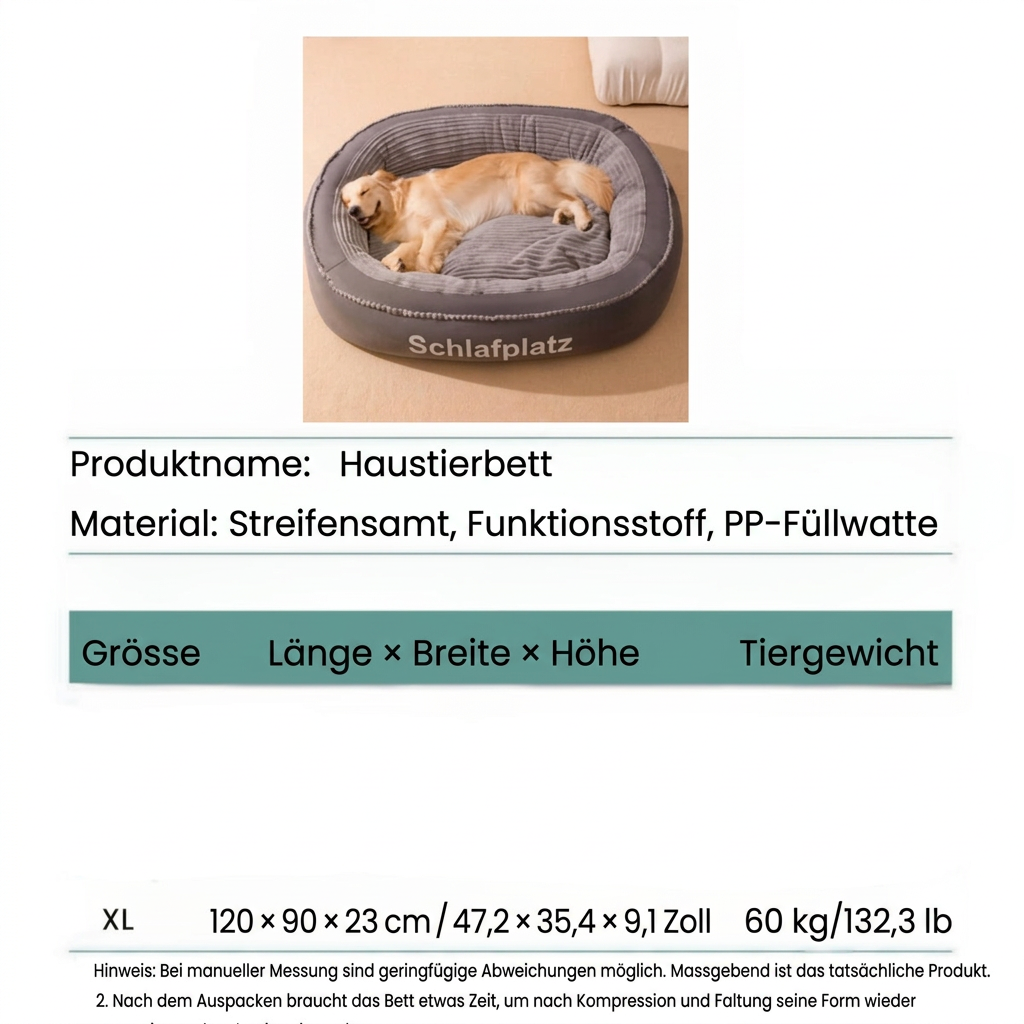 Grössenübersicht für das Hundebett XL mit den Massangaben 120 × 90 × 23 cm und Tiergewicht 60 kg