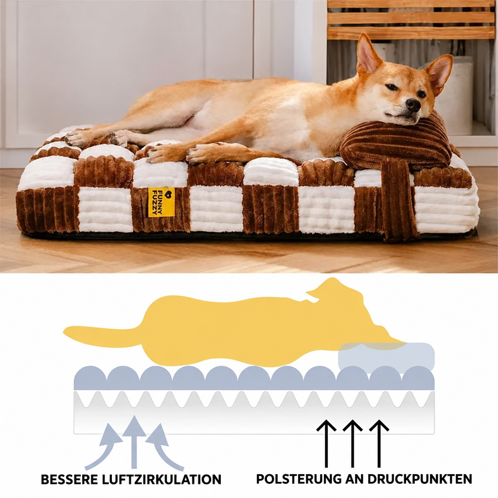 Hund liegt auf einem braun-weiss karierten Hundebett mit Kopfkissen, darunter eine Grafik zur Polsterung und Luftzirkulation