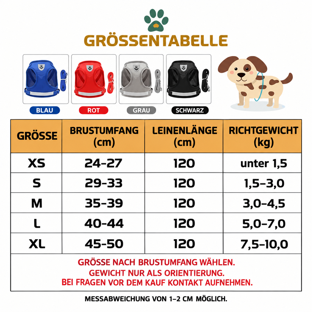Deutsche Grössentabelle für das Geschirr in XS bis XL mit Brustumfang, Leinenlänge und Richtgewicht