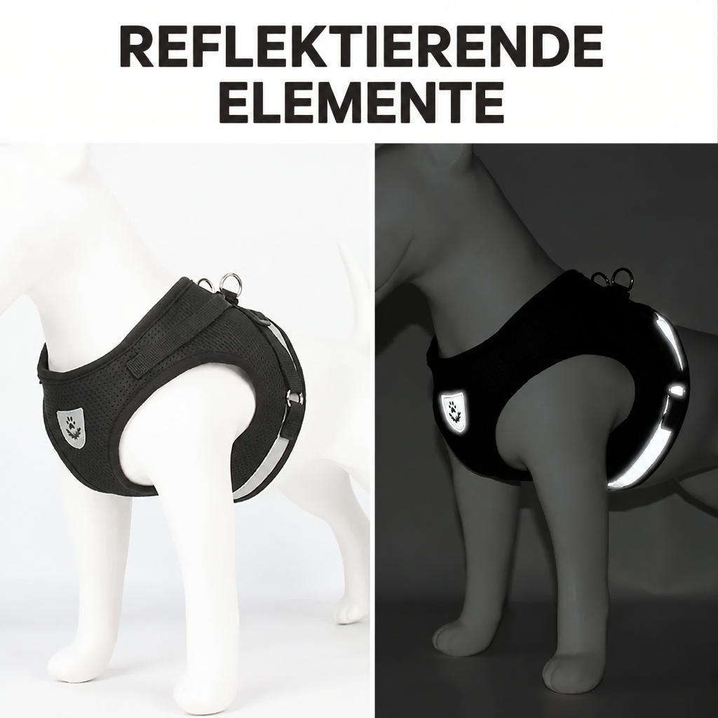 Schwarzes Geschirr auf einem Tiermodell bei heller und dunkler Beleuchtung mit hervorgehobenen reflektierenden Elementen