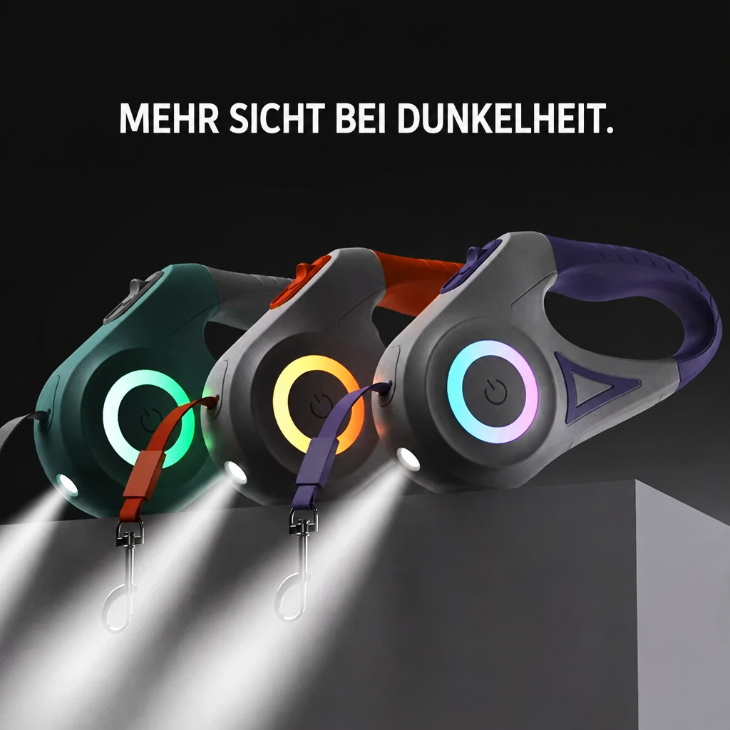 Drei LED-Rollleinen mit eingeschalteten farbigen Leuchtringen und nach vorne gerichtetem weissem Licht.