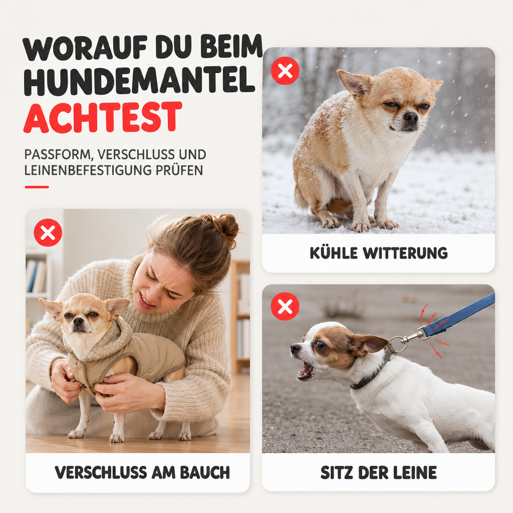 Bildcollage mit deutschen Hinweisen zur Passform, zum Bauchverschluss und zur Leinenbefestigung des Hundemantels