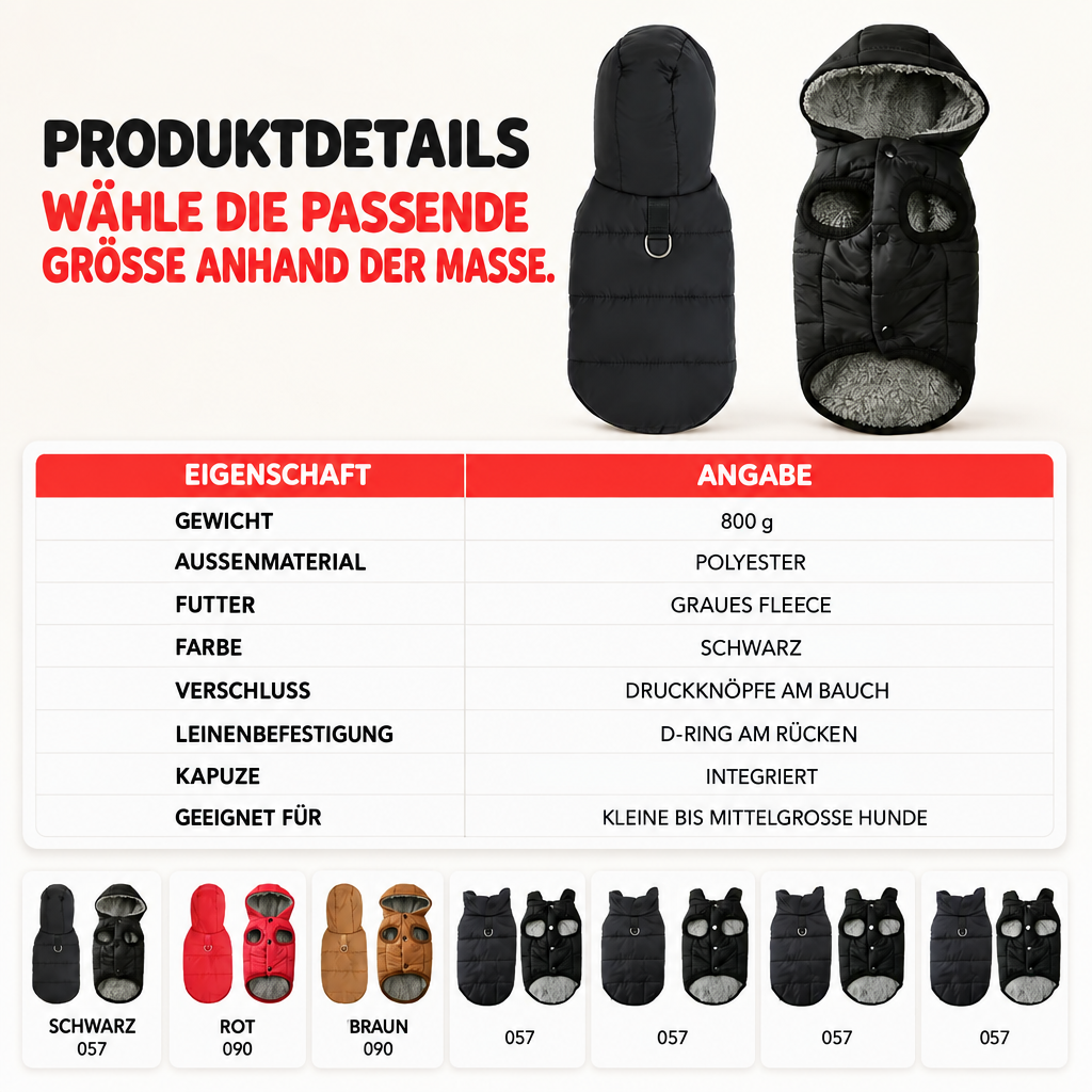 Schwarzer Hundemantel von vorne und hinten mit deutscher Produktdetail-Tabelle und Farbansichten