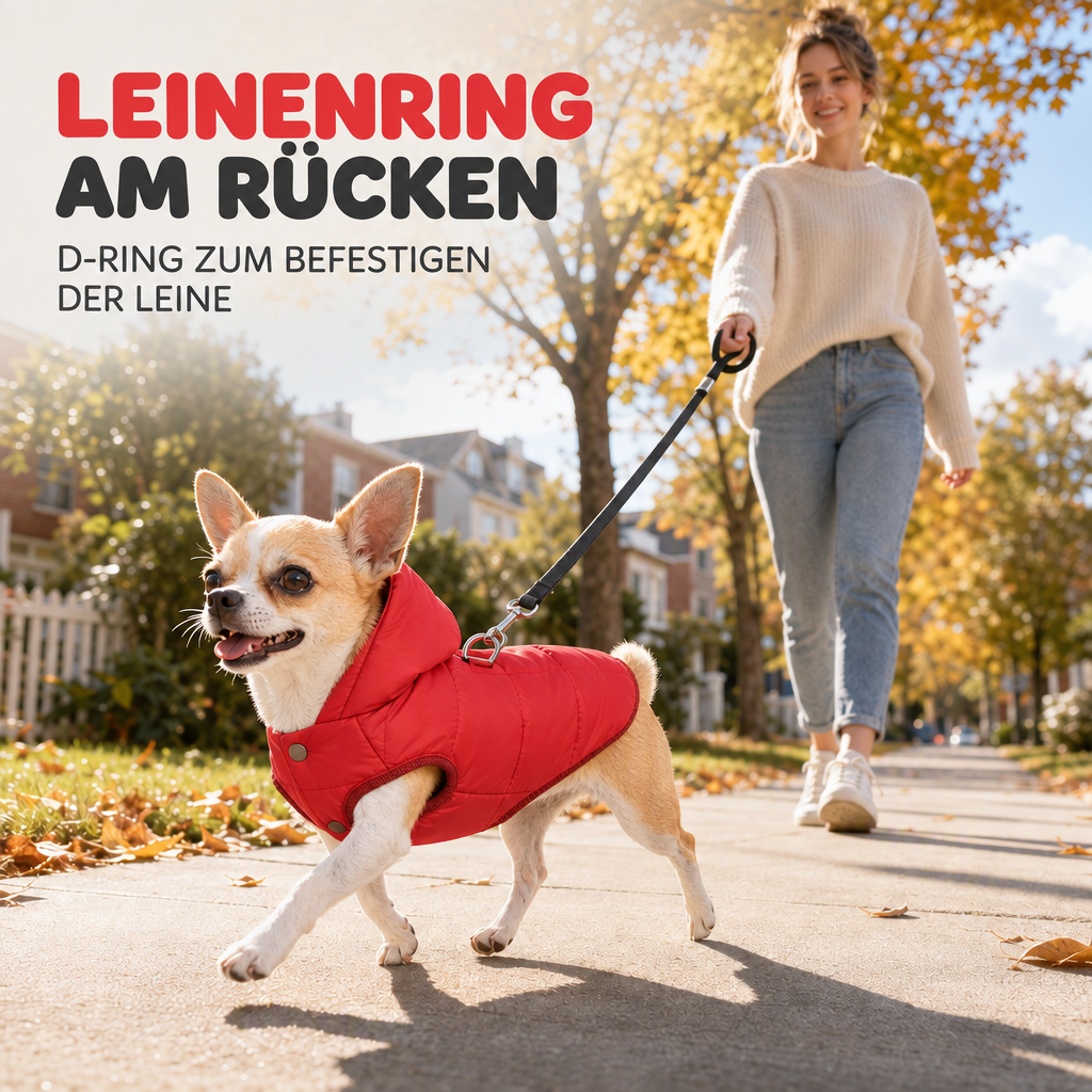 Chihuahua im roten Hundemantel läuft mit einer Frau an der Leine auf einem herbstlichen Gehweg