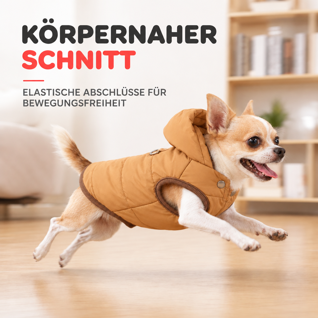 Chihuahua im braunen Hundemantel springt in einem Wohnraum, daneben deutsche Hinweise zum körpernahen Schnitt