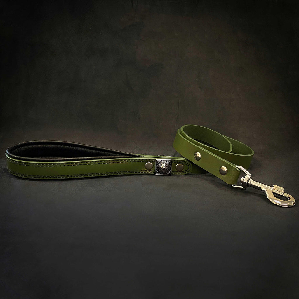 Grüne Lederleine mit schwarz gepolsterter Handschlaufe, Zierbeschlag und silberfarbenem Karabiner.