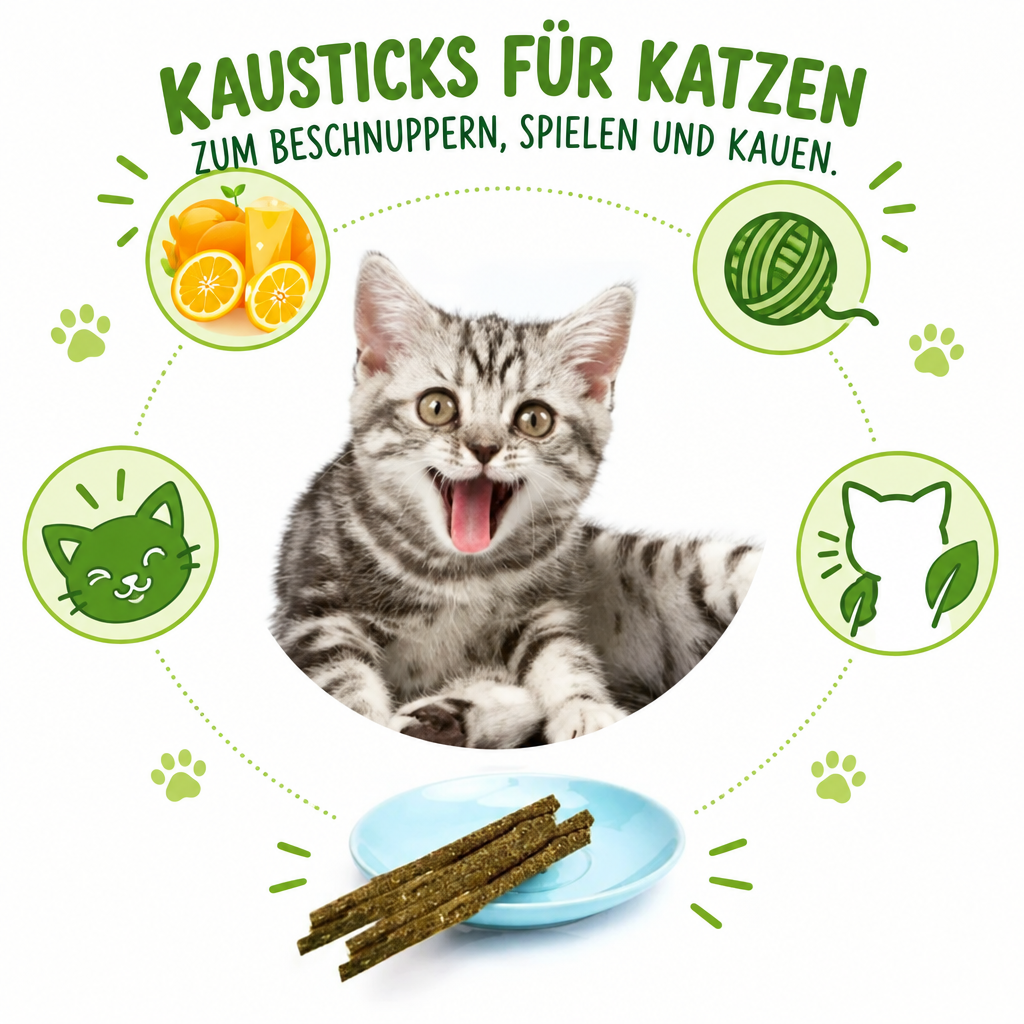 Getigertes Kätzchen über einem blauen Teller mit Kausticks und der Aufschrift «Zum Beschnuppern, Spielen und Kauen»