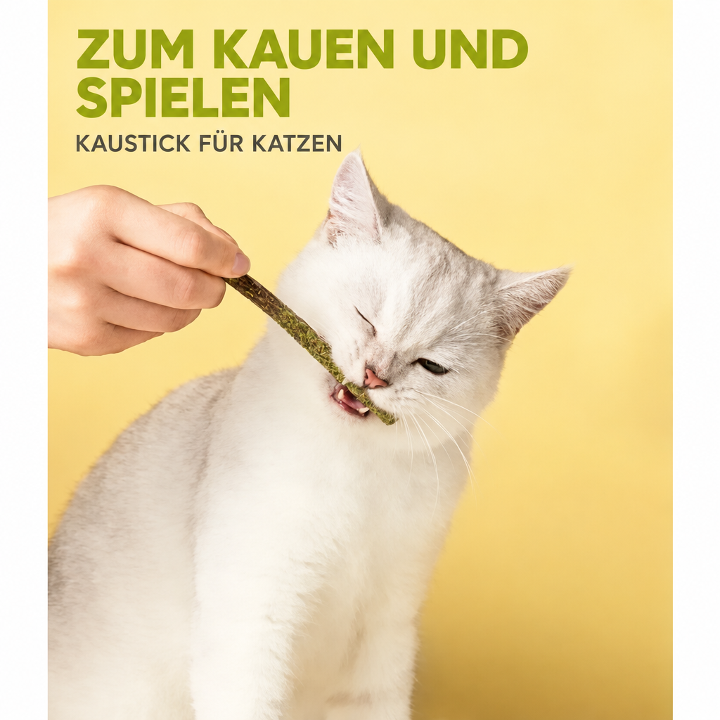Helle Katze kaut an einem grünen Stick, der von einer Hand gehalten wird