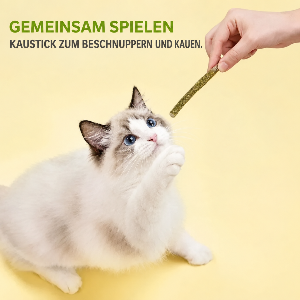 Eine Hand hält einer hellen Katze einen grünen Kaustick zum Beschnuppern hin