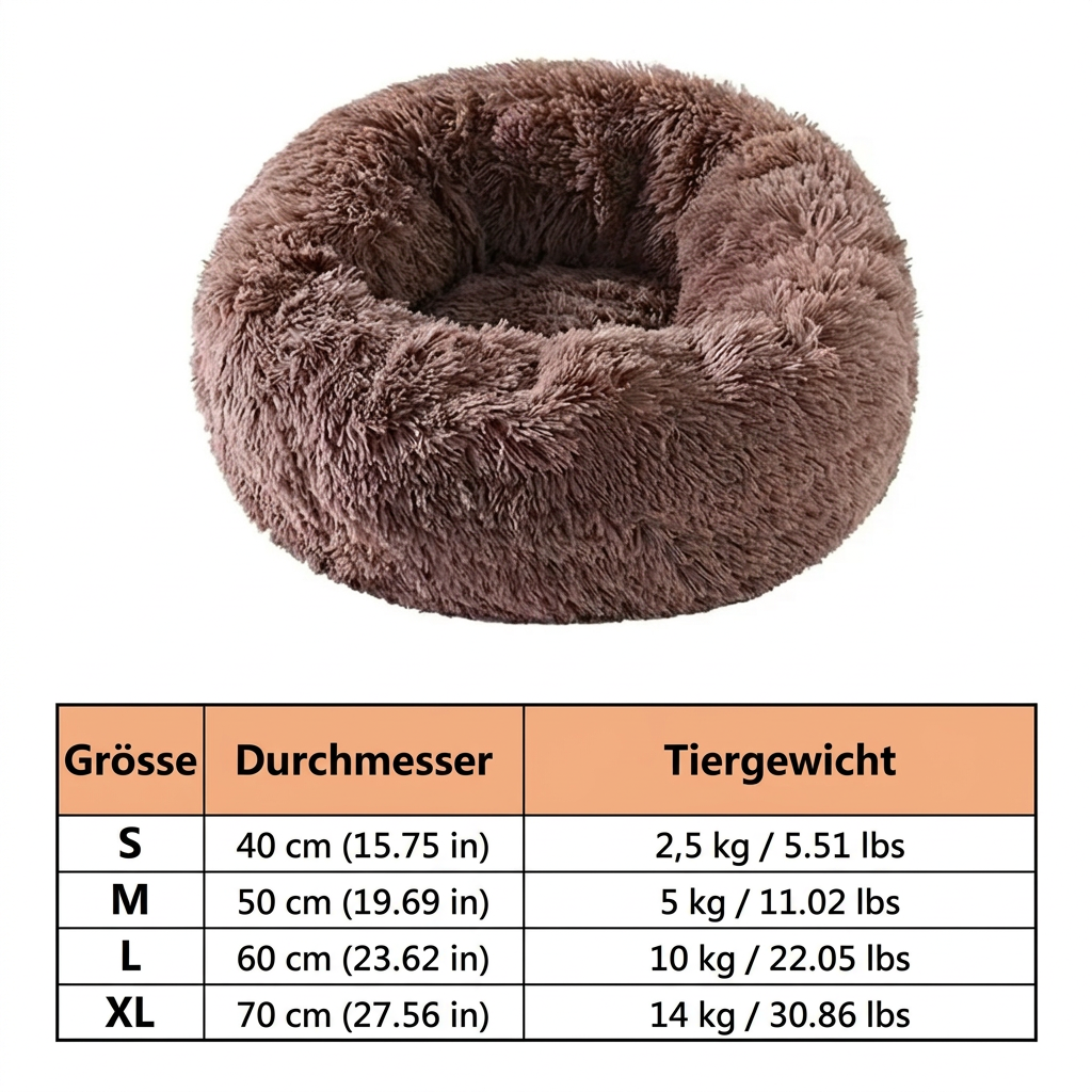 Braunes rundes Plüsch-Katzenbett mit Grössentabelle für Durchmesser von 40 bis 70 cm
