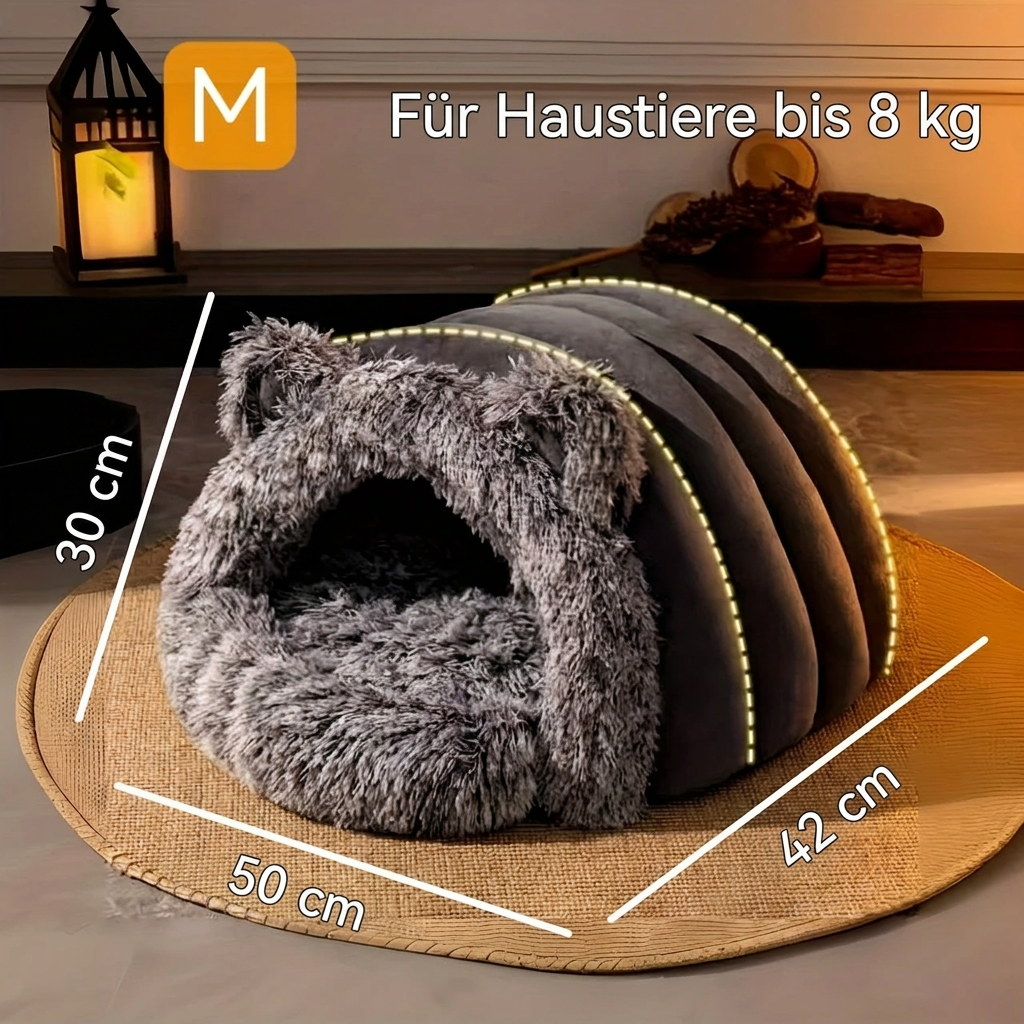 Graue Katzenhöhle in Grösse M mit Massangaben: 50 cm breit, 42 cm tief und 30 cm hoch, für Haustiere bis 8 kg beschriftet.