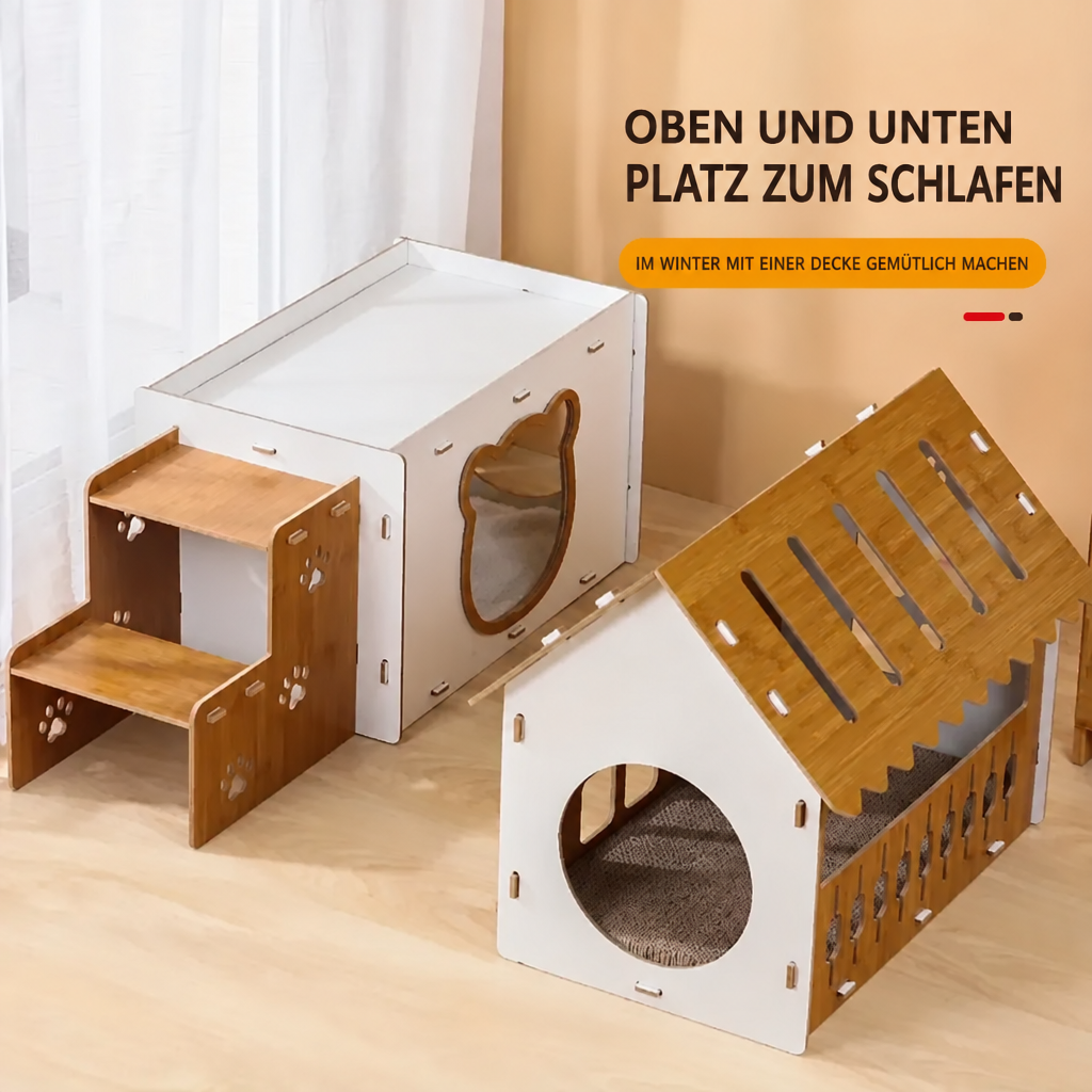Katzenhaus mit deutschen Beschriftungen zu den Schlafplätzen