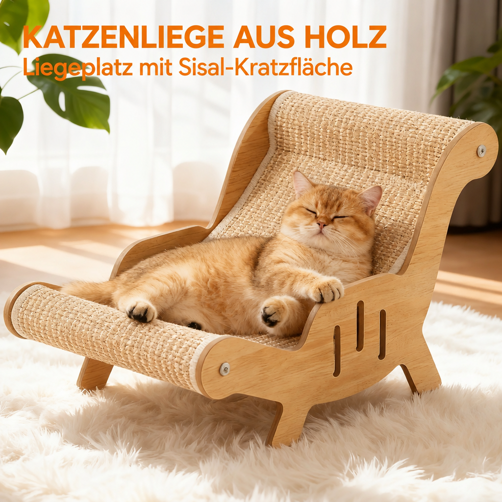 Orangefarbene Katze liegt auf einer geschwungenen Holz-Katzenliege mit Sisal-Kratzfläche und deutscher Überschrift