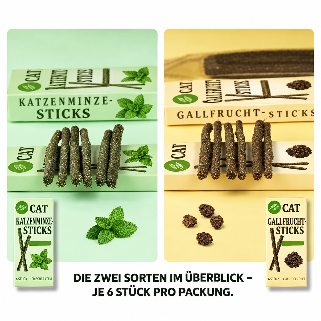  Gegenüberstellung von Katzenminze- und Gallfrucht-Sticks mit Verpackungen und je sechs Stäbchen