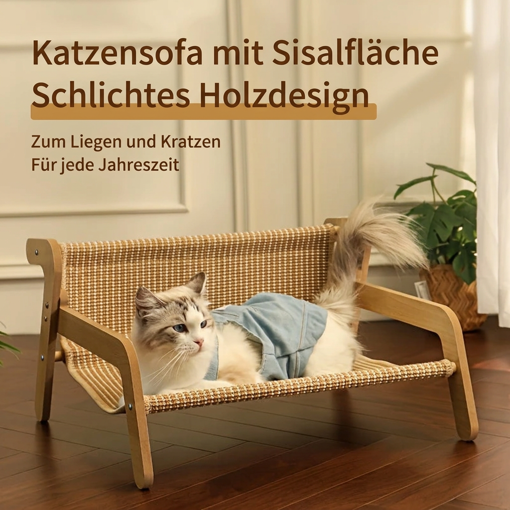 Langhaarige Katze liegt auf dem Katzensofa; deutsche Beschriftung zu Holzdesign sowie Liegen und Kratzen.
