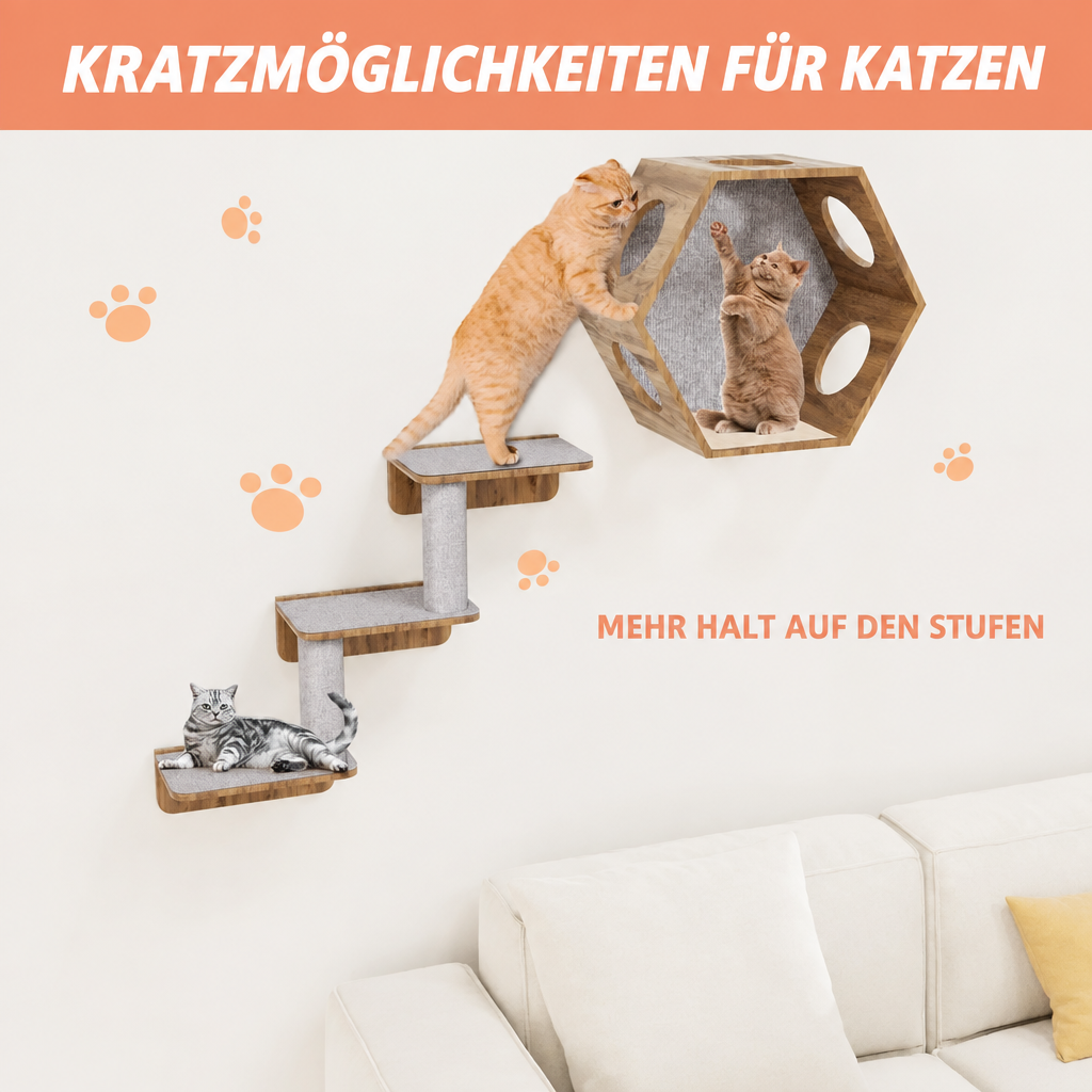 Katzen auf wandmontierten Stufen und in einer sechseckigen Höhle mit grauen Kratzmatten und deutschen Beschriftungen