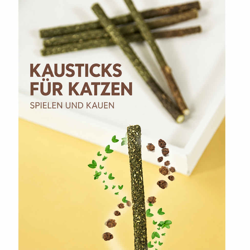 Beschichtete Katzen-Kausticks mit Blatt- und Fruchtmotiven und der Aufschrift «Kausticks für Katzen»