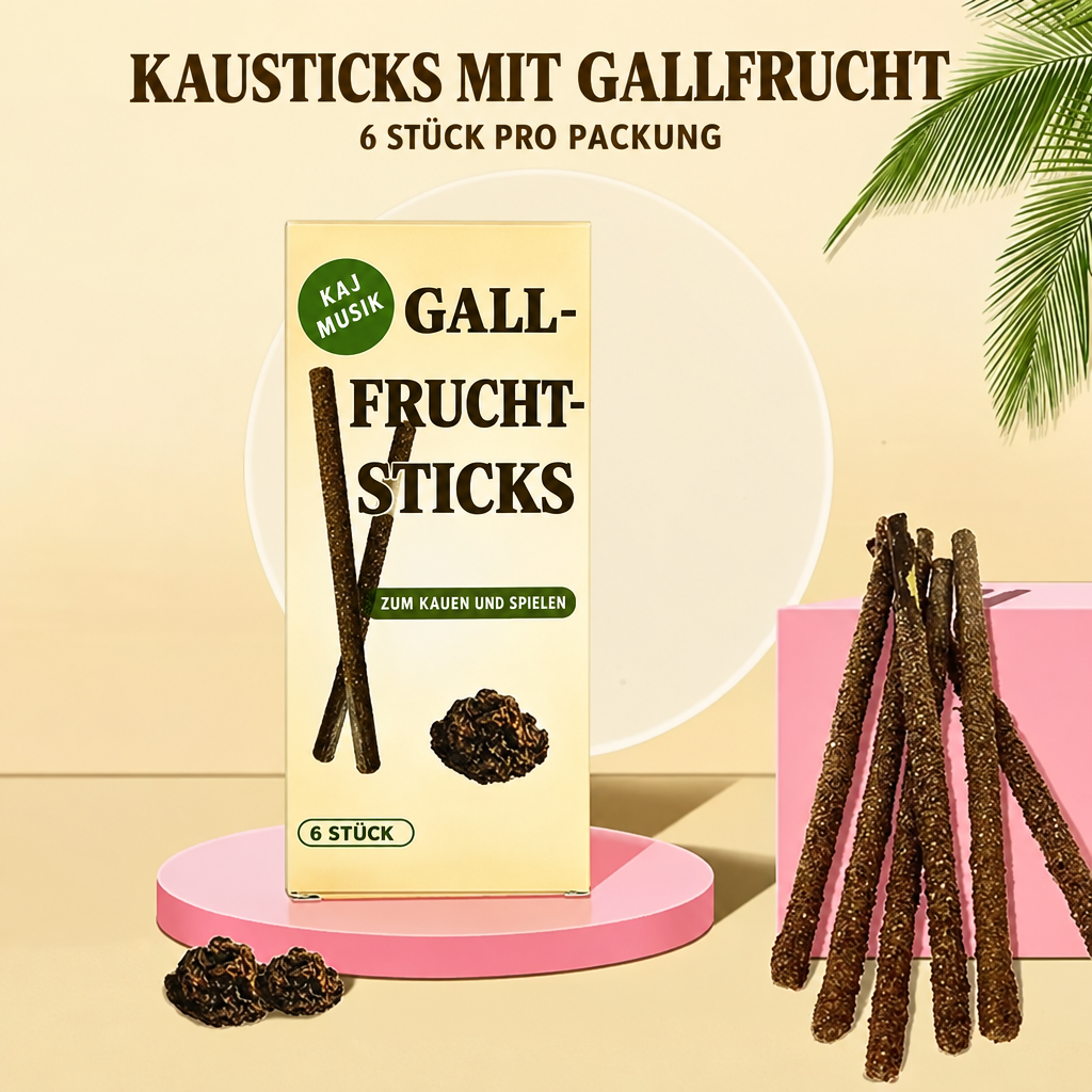 Gelbe Packung mit der Aufschrift «Kausticks mit Gallfrucht» neben braunen beschichteten Stäbchen