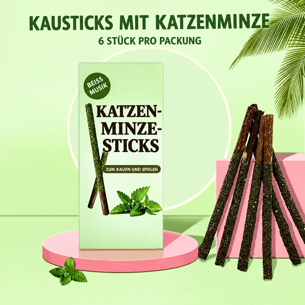 Grüne Packung mit der Aufschrift «Kausticks mit Katzenminze» neben beschichteten Stäbchen