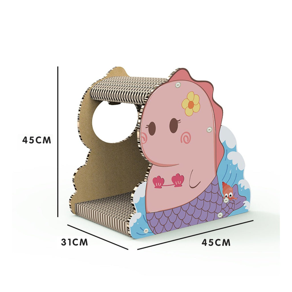Scratching board for small pink cats with dinosaur motif
