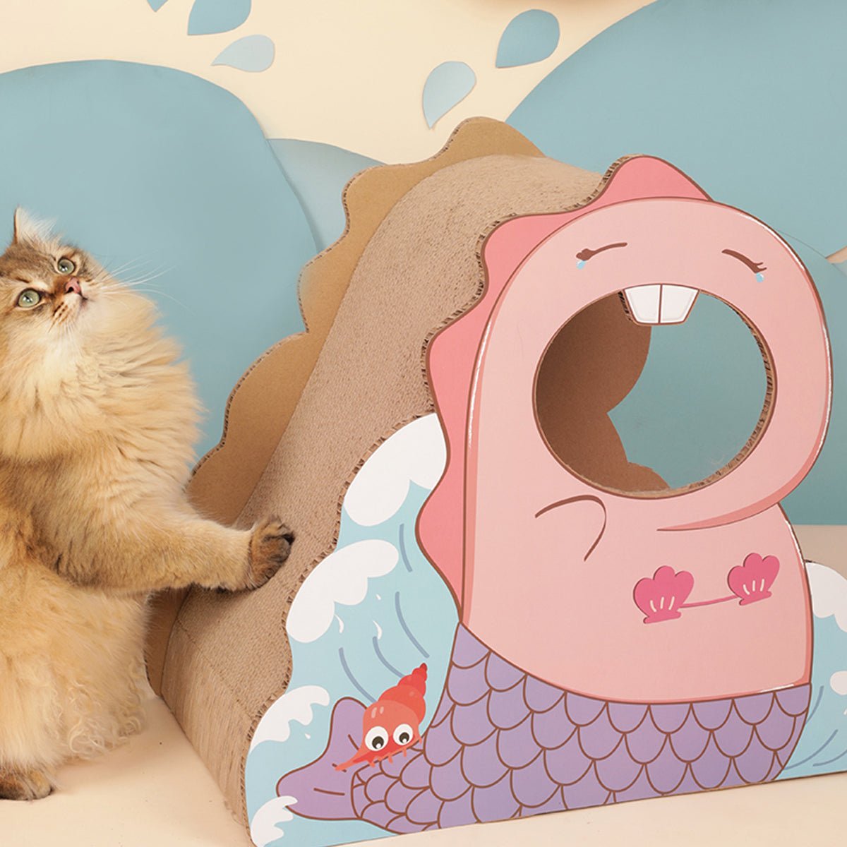 Kratzbrett für kleine rosa Katzen mit Dinosauriermotiv