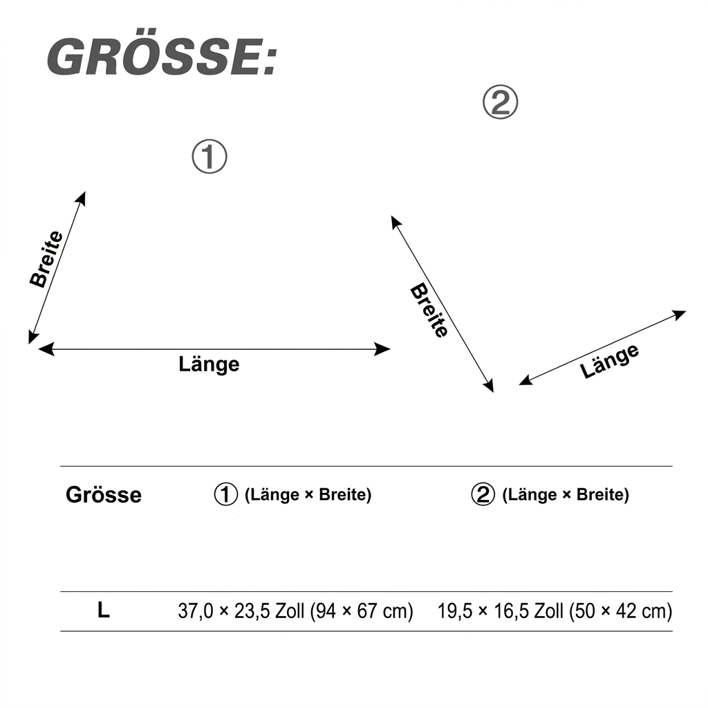 Massschema des 3-in-1 Haustierbetts in Grösse L mit zwei Messvarianten für Länge und Breite